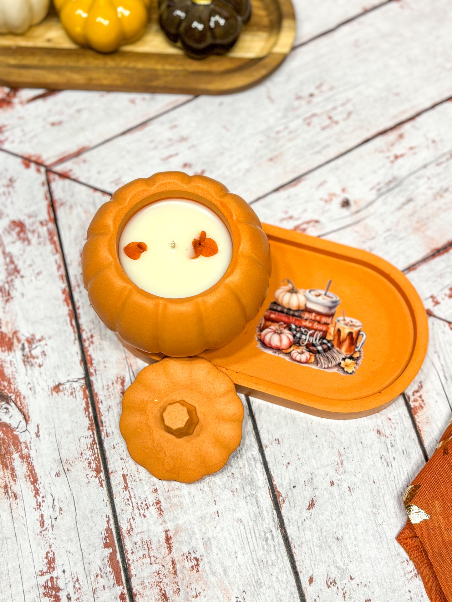 Automne - Combo Bougie citrouille orange & plateau