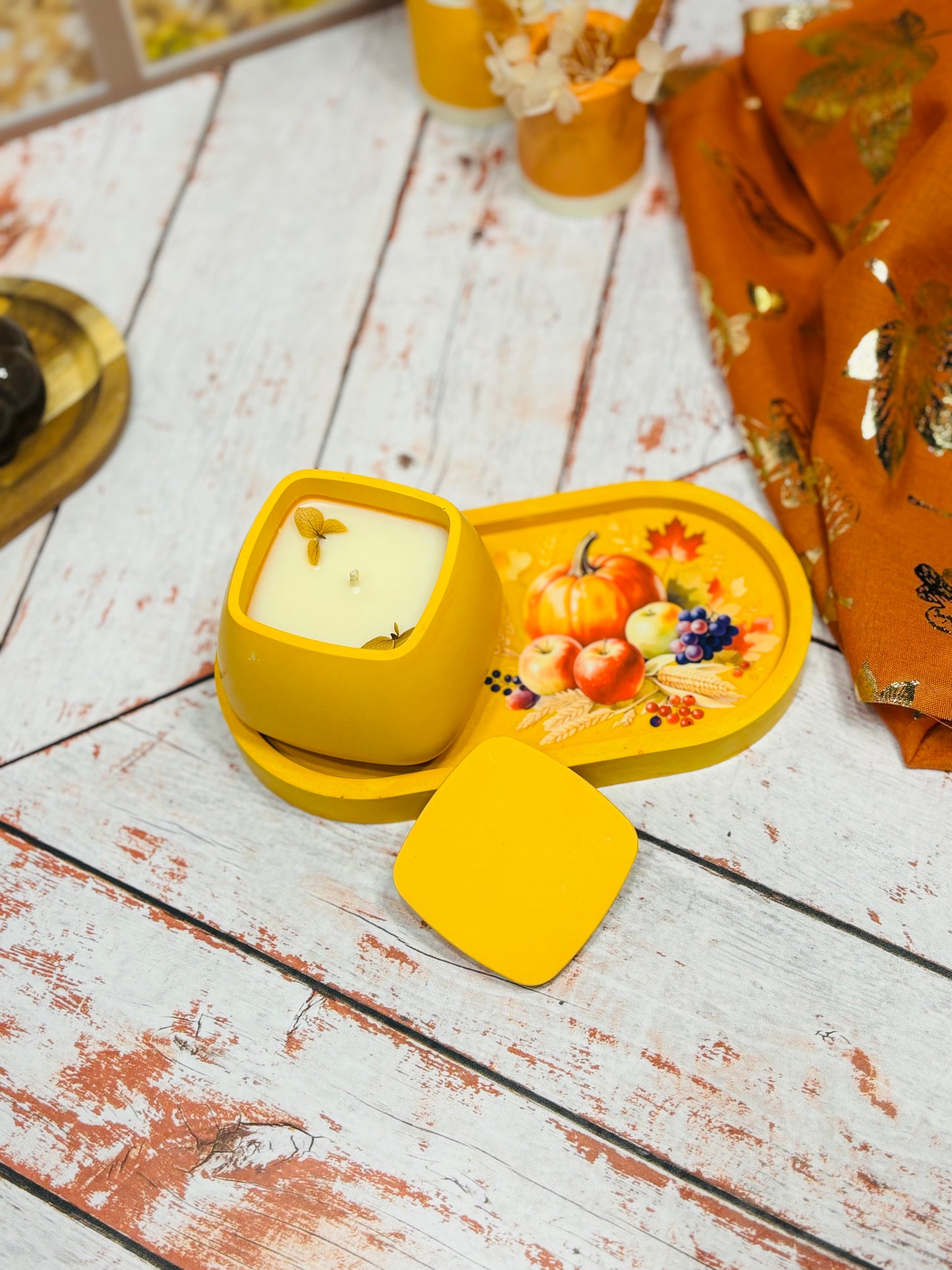 Automne - Combo Bougie Capucine jaune & plateau