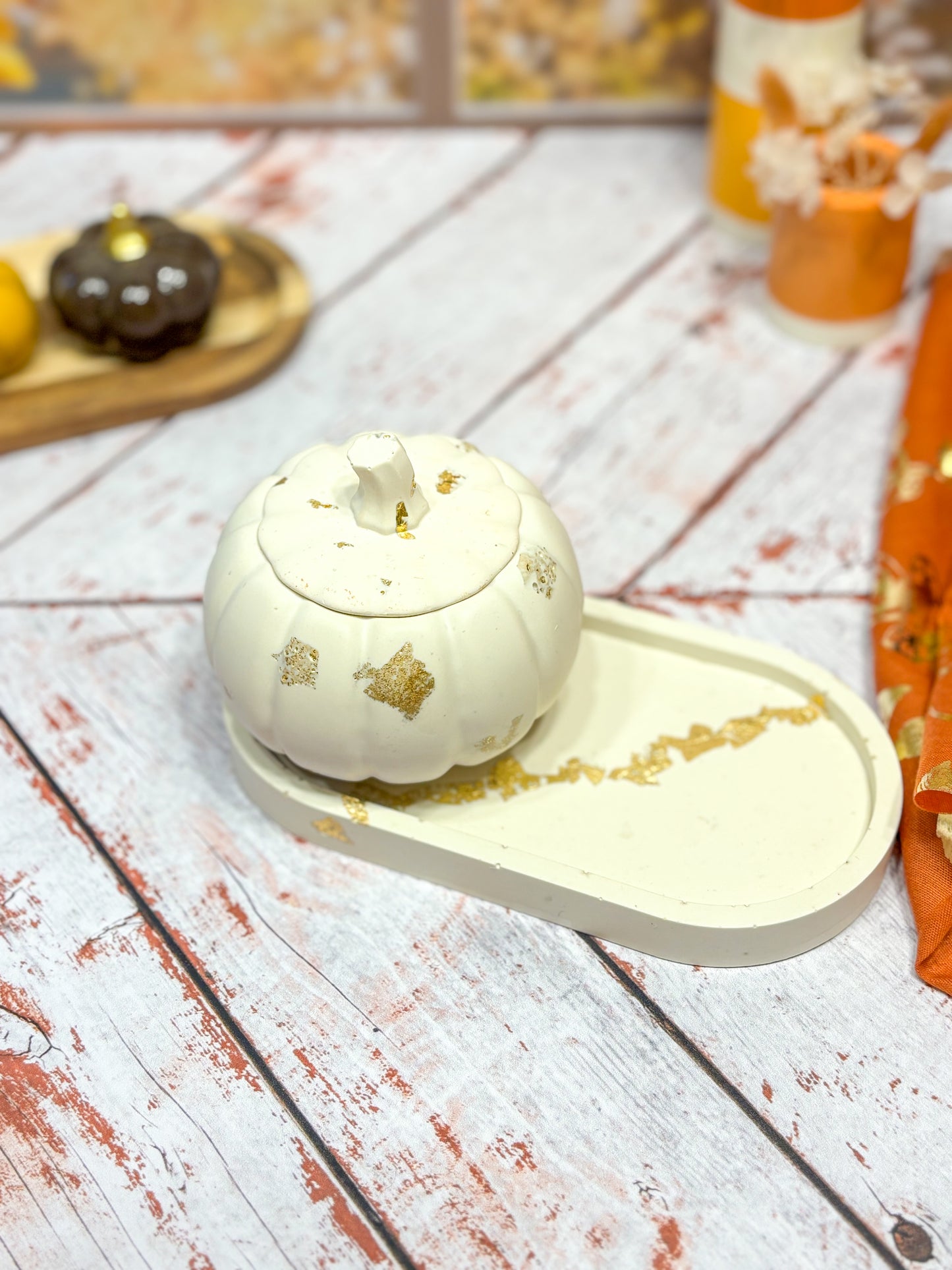 Automne - Combo Bougie citrouille or & plateau