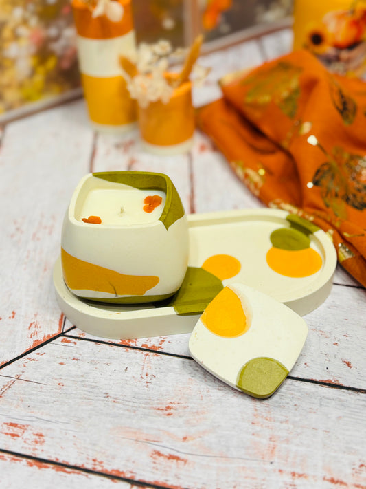 Automne - Combo Bougie Capucine kaki/orange & plateau