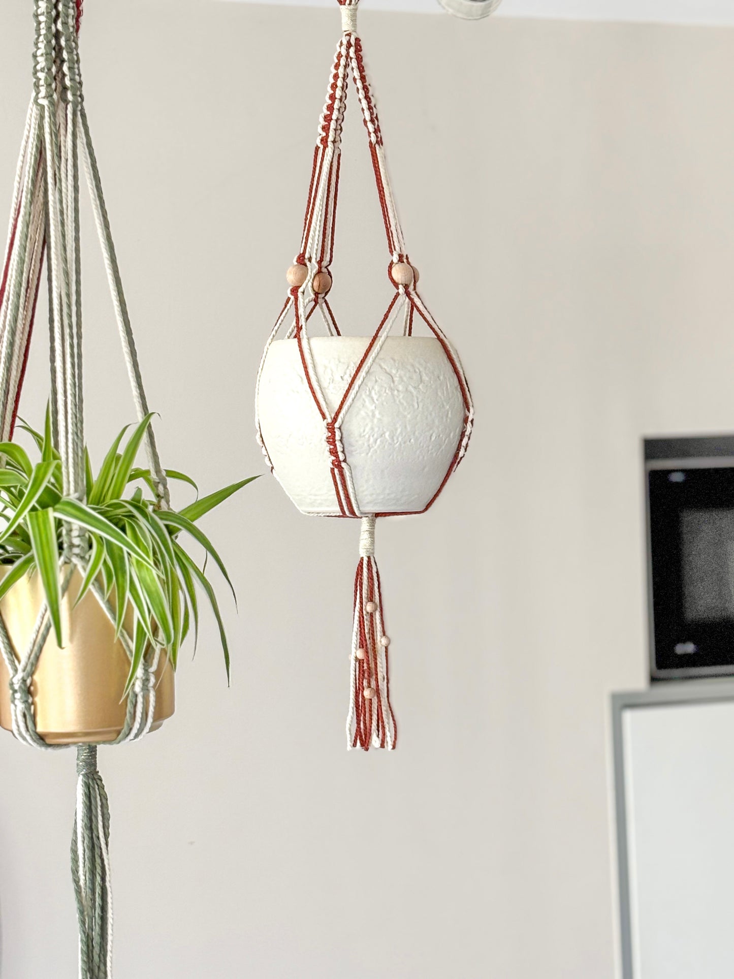 Suspension macramé rose et beige pour plante intérieur/extérieur – déco à suspendre artisanale cocooning