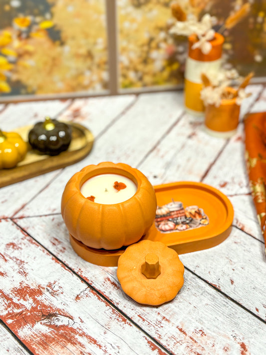Automne - Combo Bougie citrouille orange & plateau