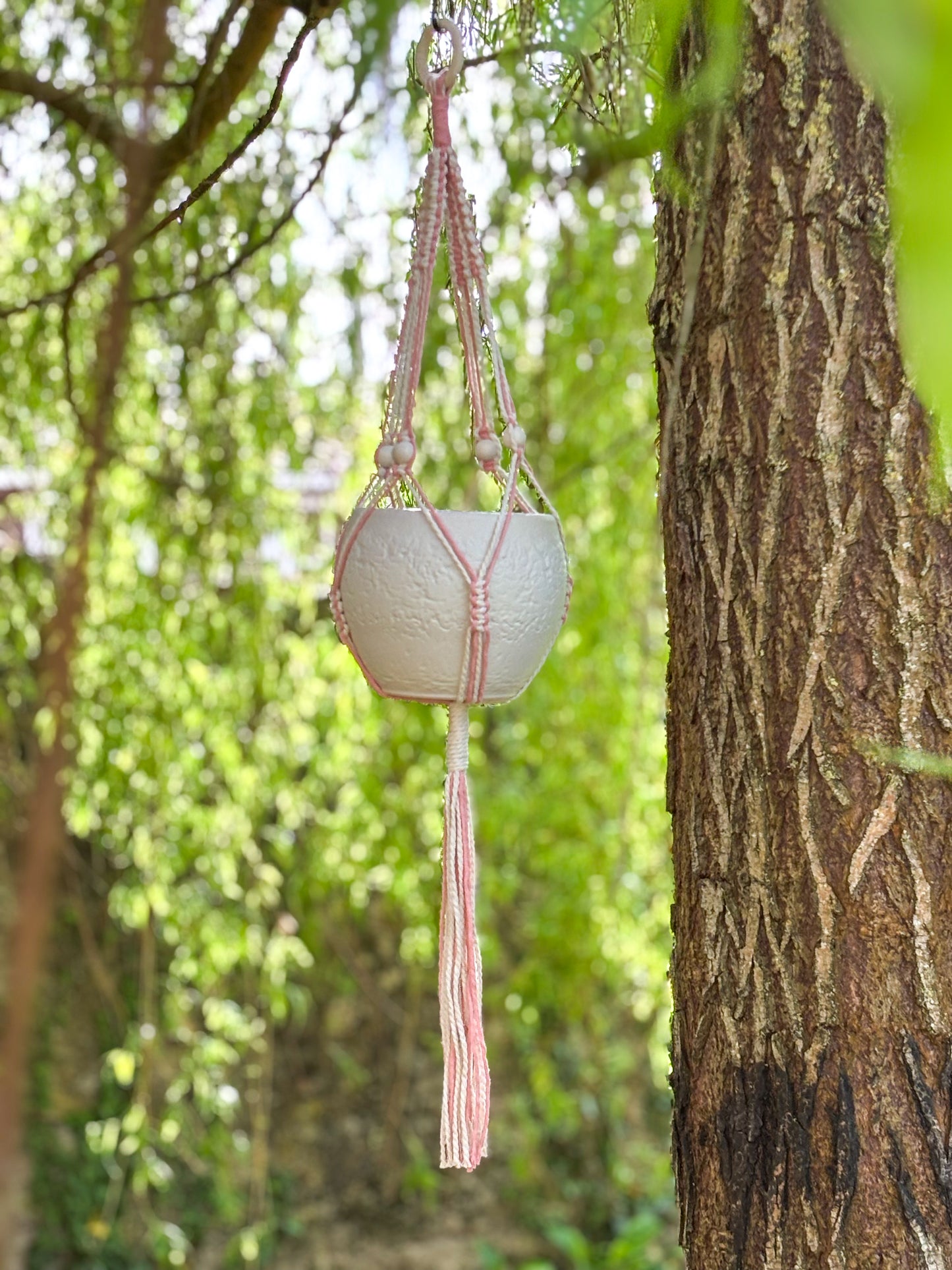 Suspension macramé rose et beige pour plante intérieur/extérieur – déco à suspendre artisanale cocooning