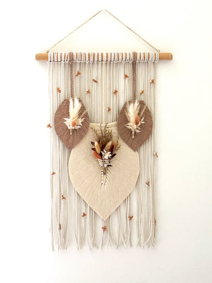 Décoration murale macramé et fleurs séchées - Feuilles bohèmes artisanales