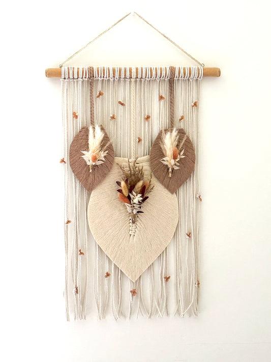 Décoration murale macramé et fleurs séchées - Feuilles bohèmes artisanales