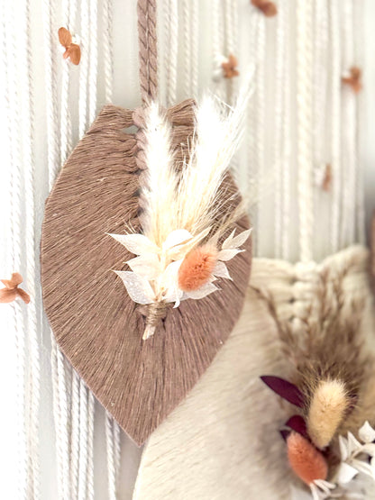 Décoration murale macramé et fleurs séchées - Feuilles bohèmes artisanales