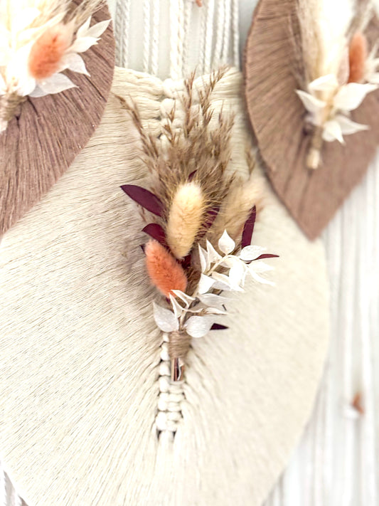 Décoration murale macramé et fleurs séchées - Feuilles bohèmes artisanales