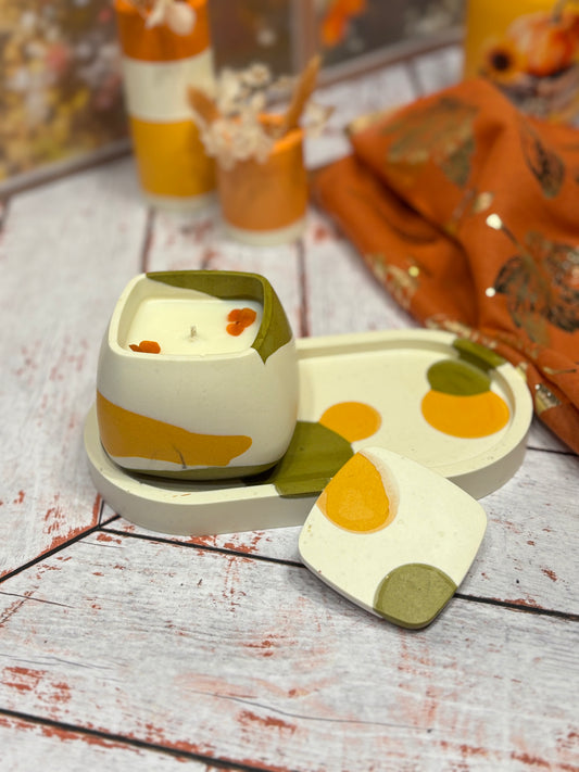 Automne - Combo Bougie Capucine kaki/orange & plateau