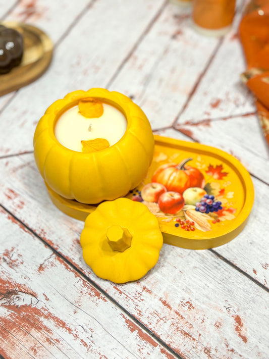 Automne - Combo Bougie citrouille jaune foncé & plateau