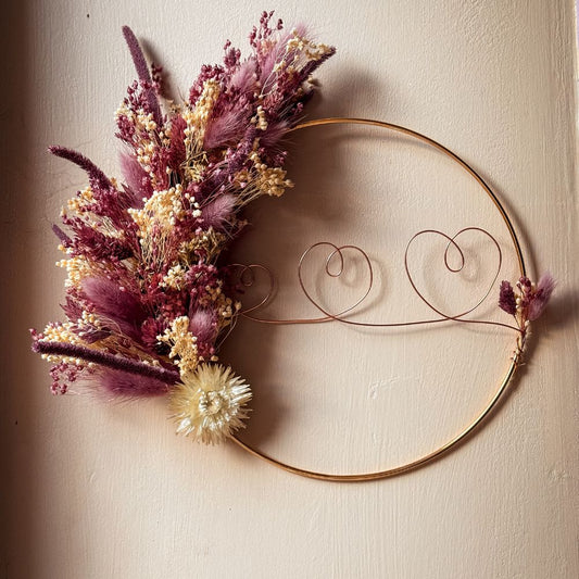Couronne murale en fleurs séchées & fil d'or "Douceur Lilas" - Pièce Unique