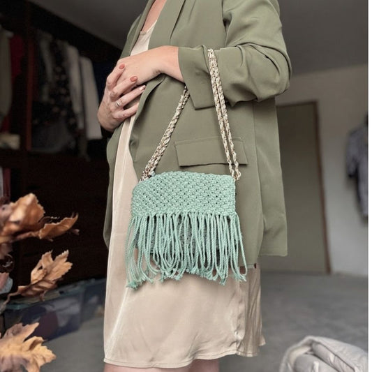Sac en Macramé vert à franges - Fait Main