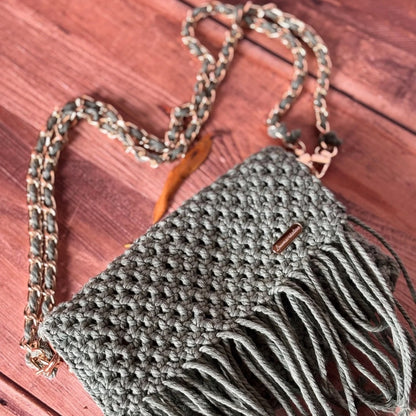 Sac en Macramé vert à franges - Fait Main