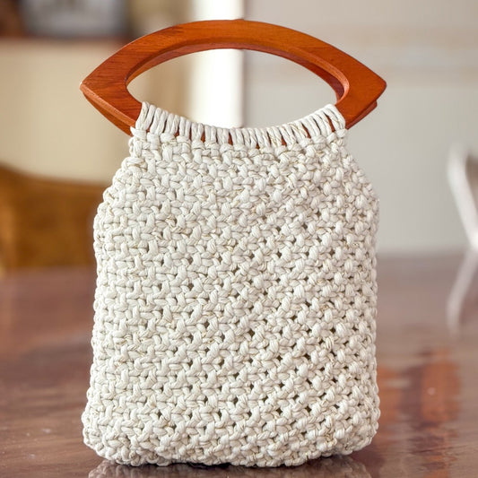 Sac Élégant Macramé Crème & Or, Poignée Bois - Pièce Unique
