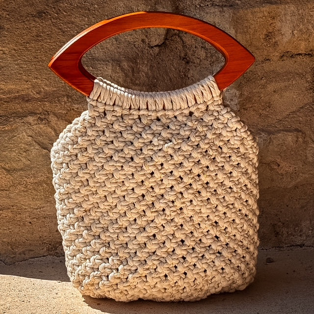 Sac Élégant Macramé Crème & Or, Poignée Bois - Pièce Unique