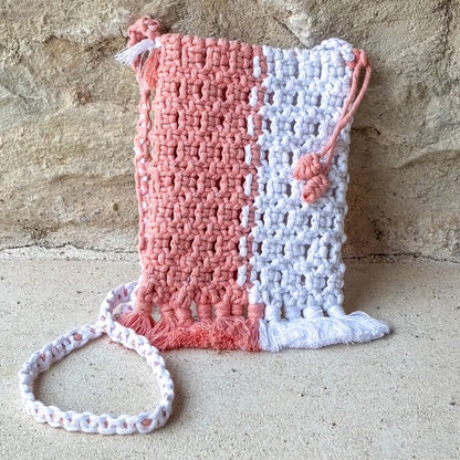 Sac Bandoulière Girly Rose & Blanc, Pompons et Nœuds Macramé