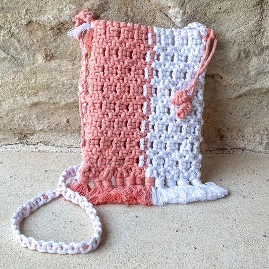 Sac Bandoulière Girly Rose & Blanc, Pompons et Nœuds Macramé
