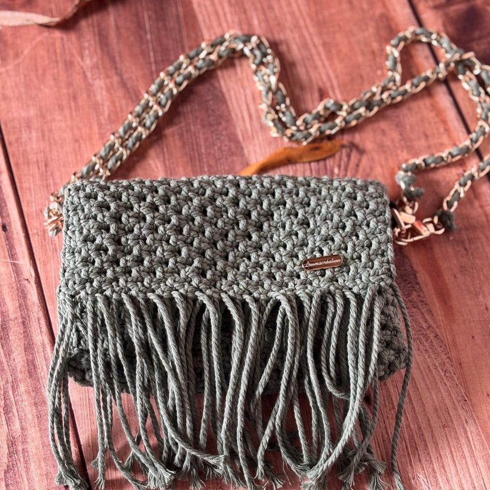 Sac en Macramé vert à franges - Fait Main