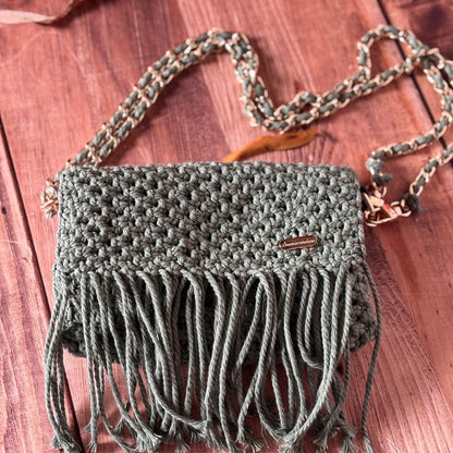Sac en Macramé vert à franges - Fait Main