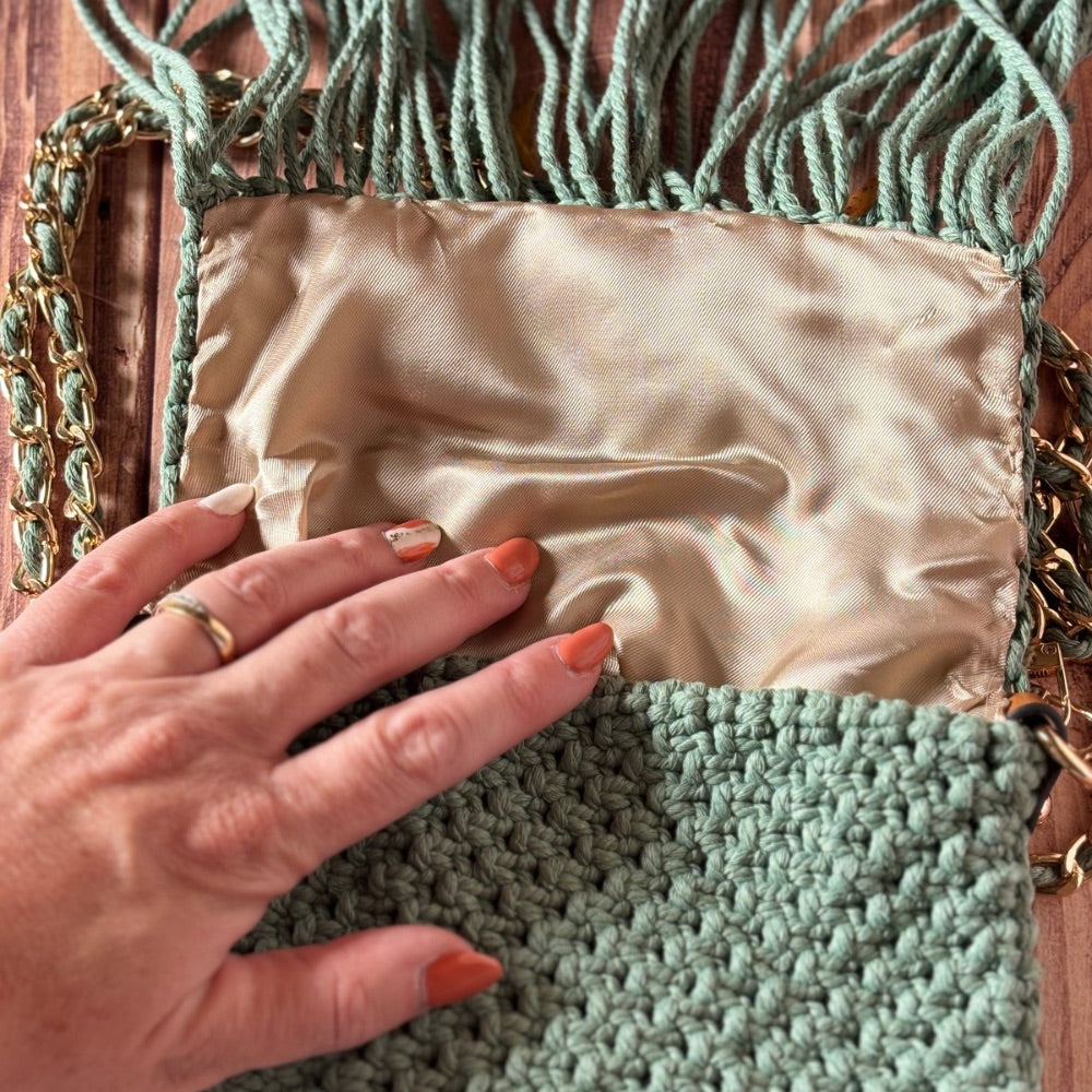 Sac en Macramé vert à franges - Fait Main