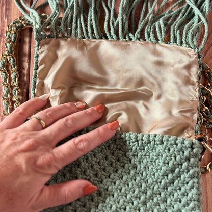 Sac en Macramé vert à franges - Fait Main